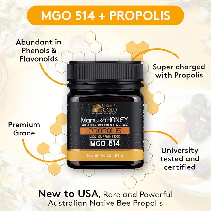 Nature’s Gold Raw Manuka Honey with Australian Native Bee Propolis MGO 514+ | 8.8oz (250g) 100% Pure Genuine Traceable Hive to Home