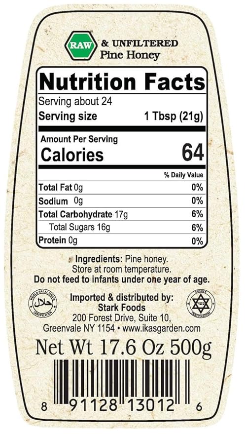 Ika's Garden Raw Pine Honey - 100% Pure Unfiltered Gluten-Free – Product of Germany 17.6 oz (500g) Jar [Pack of 12]