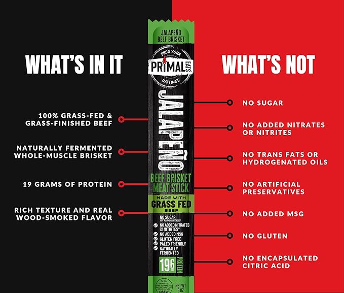 Primal Eats Jalapeno 100% Grass Fed Beef Brisket Meat Sticks 3oz 10-Pack - 19g Lean Meat Protein Keto Paleo Carnivore Gluten Free Zero Sugar Beef Jerky Snack Stick