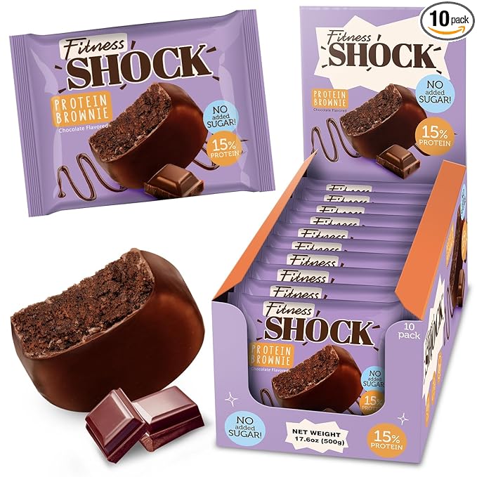FitnesSHOCK Protein Brownies – Dark Chocolate Dessert Bars – Low Sugar Dessert Snack (2g Total Sugar No Added Sugar) – Healthy Snack – 10 Count