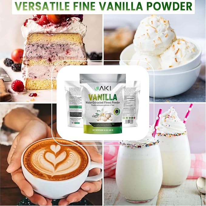 AKI Vanilla Extract Powder from Authentic Beans for Delicious Flavoring Cooking Baking Drinks Tea Coffee Smoothies Cocktails - Sugar-Free &amp Alcohol-Free (454g/1lb)