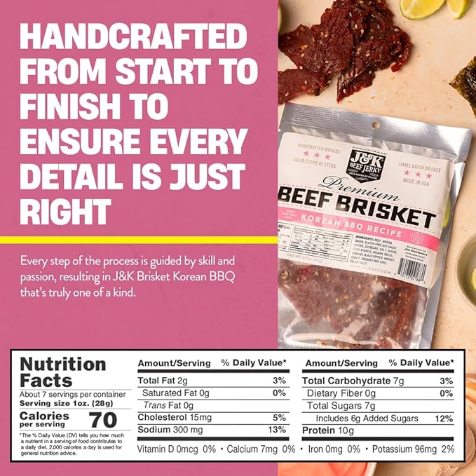 J&ampK Beef Brisket Jerky - Korean BBQ - Hand Crafted Small Batch American Made Slab Jerky - Bold &amp Flavorful Snack! - 7oz Big Bag
