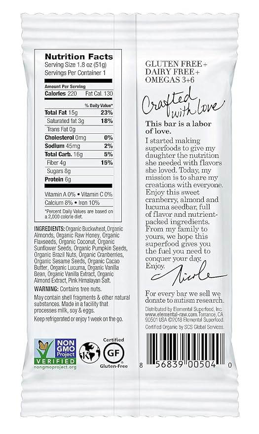 Elemental Superfood Seedbars Cranberry Almond + Lucuma 1.8 Ounce - 12 Pack 100% Certified Organic Non-GMO Verified Gluten Free Dairy Free Plant Based