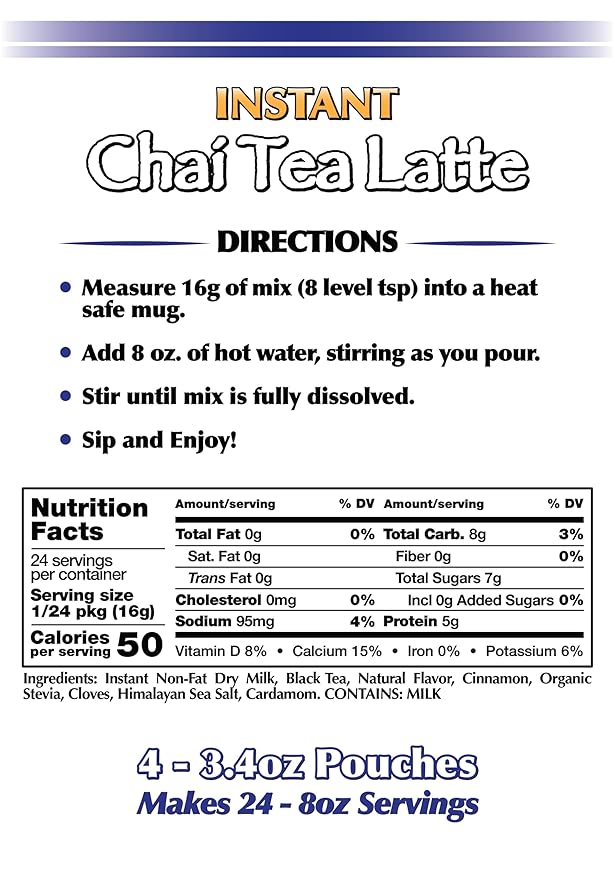 Gramzero Premium Chai Latte Powder Mix | Best Chai Drink Mix | No Sugar Added | Kosher | Stevia Sweetened | 4-3.4 oz Pouches (24 Total Servings) | Each Packet Makes 8fl Oz Rich and Delicious Instant C