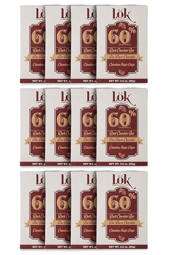 Lok Dark Chocolate Bar 60% Cacao | Fair Trade Non GMO Kosher Gluten Free Vegan Bean-to-Bar Paleo Ethically Sourced Lök | 3.0 Ounce 12 Pack