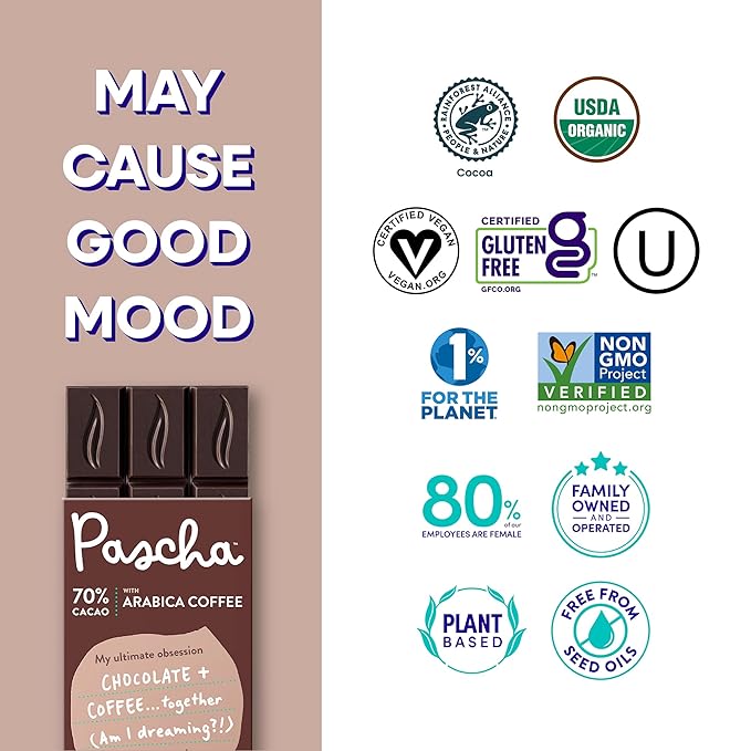 Pascha Organic Dark Chocolate Bars 70% Cacao with Arabica Coffee Gluten Free &amp Non GMO 2.8 oz Pack of 10