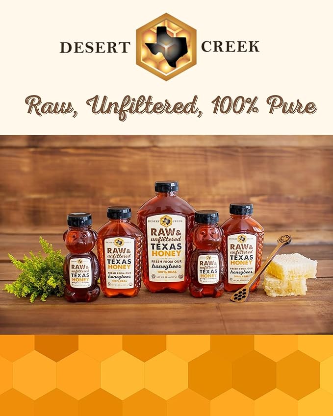 Desert Creek Honey - 100% Unfiltered Pure Raw Honey from Texas - Natural Sugar Substitute - One Gallon of Bulk Unprocessed Unpasteurized American Honey - Harvested by Our Own Beekeepers