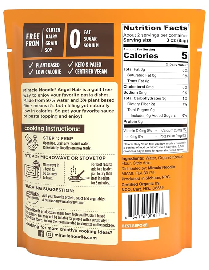 Miracle Noodle Ready to Eat Organic Angel Hair Pasta 7 Oz (Pack of 6) Plant Based Shirataki Konjac Noodles 5 Calories 1g Net Carbs Per Serving Keto Gluten-Free