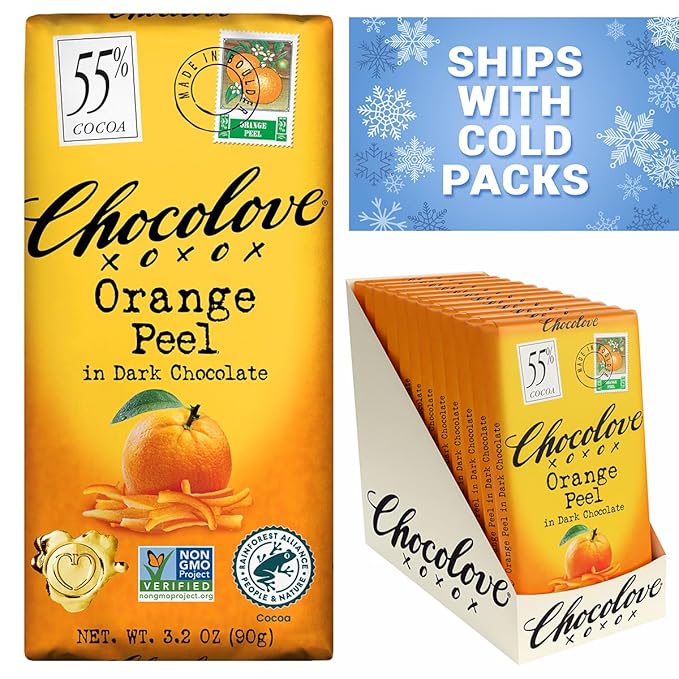 Chocolove Orange Peel Dark Chocolate Bars | 55% Cocoa | Tangy Orange Peel Bits | Smooth &amp Sweet | Premium Dark Chocolate |Non GMO Rainforest Alliance Certified 3.2oz Bar (12 Pack)