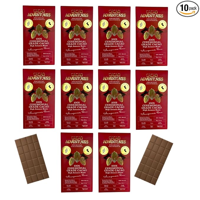 Cacao Adventures - 100% Pure Ceremonial Grade Cacao Bar | Wild Strains | Natural | Ethically Sourced Sustainably Grown | (1.76 oz - Pack of 10)