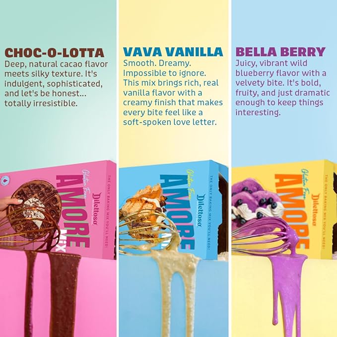 Dilettoso's Organic Gluten-Free Oat Flour Baking Mix | Variety Pack: Vanilla Chocolate and Wild Blueberry | Pancakes Waffles Cupcakes Brownies and Cookies | 10oz AMORE Mix (3 Boxes)