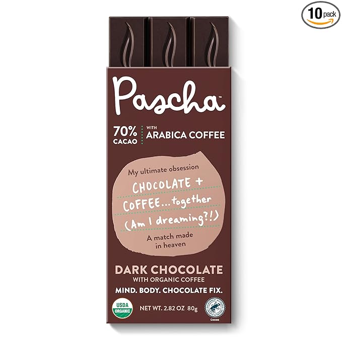 Pascha Organic Dark Chocolate Bars 70% Cacao with Arabica Coffee Gluten Free &amp Non GMO 2.8 oz Pack of 10