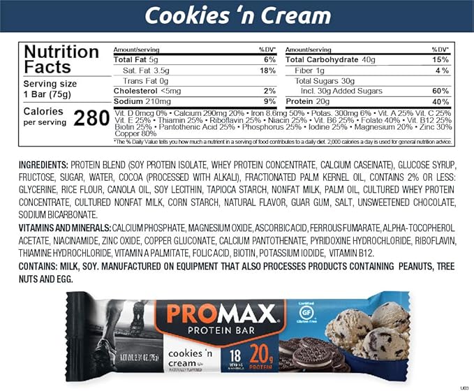 Promax Protein Bar Cookies 'n Cream 20g High Protein Gluten Free 12 Count