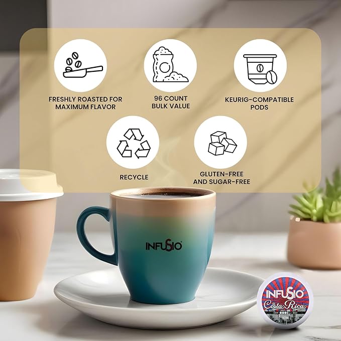 InfuSio Coffee Pods 96 Count Costa Rica Medium Roast Single serve Coffee pods for Keurig K Cups Brewers - InfuSio Premium Roasted Keurig 2.0 Compatible