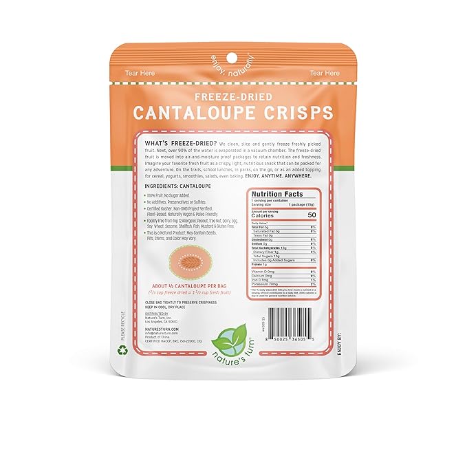 Nature’s Turn Freeze-Dried Cantaloupe Crisps – Healthy Gluten-Free Crispy &amp Delicious Plant-Based Snack Ideal for Cereal Smoothies School Lunches &amp On-the-Go Bags of 12 (0.53 oz Each)