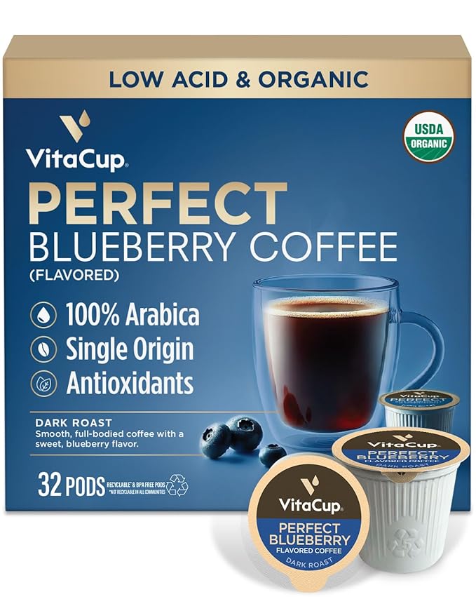 VitaCup Perfect Blueberry Flavored Low Acid Coffee Pods Organic Fair Trade Dark Roast Single Origin from Guatemala Clean &amp Pure Single Serve Pods 32 Ct