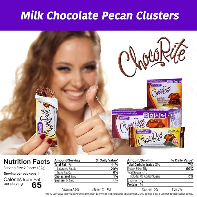 ChocoRite - Diet Milk Chocolate Pecan Clusters - 16/Box - High Fiber - Low Calorie - No Sugar Added