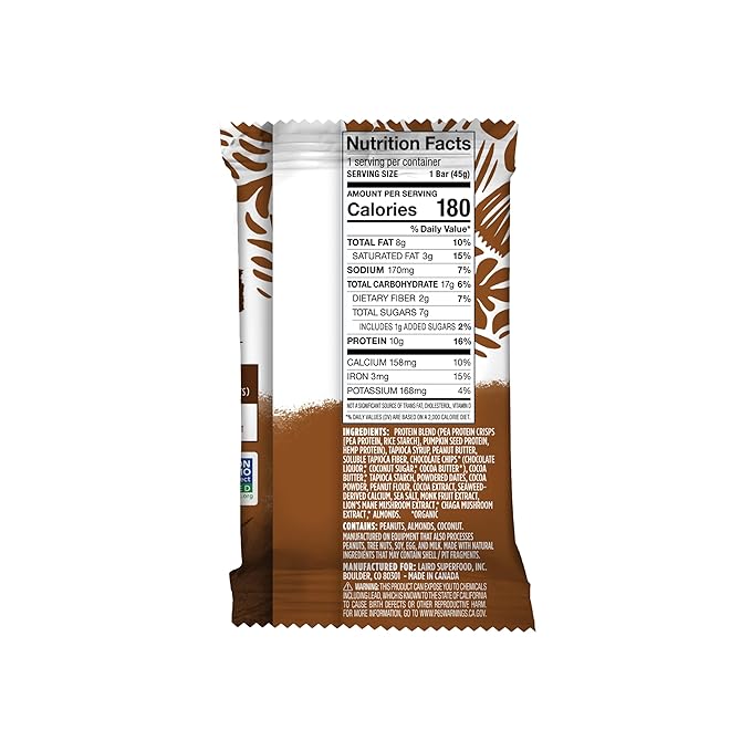 Laird Superfood Functional Protein Bars Protein Bar but Better with Real Ingredients Functional Mushrooms 10g Plant-Based Protein 6g Fiber Double Chocolate Peanut Butter 10 Count (Pack of 1)