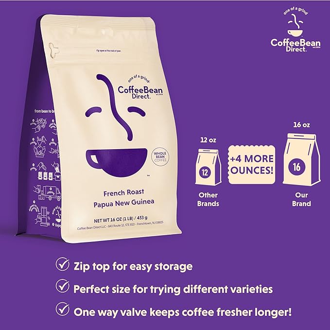 Coffee Bean Direct French Roast Papua New Guinea Whole Bean Coffee Arabica Coffee Dark Roast 1 Pound Bag (Pack of 1)