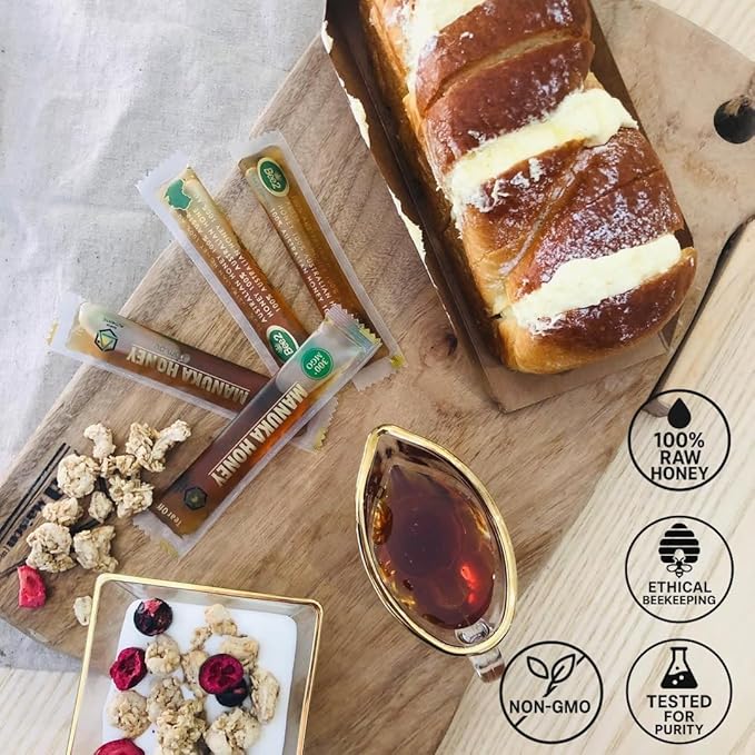 Bee2 Manuka Honey Stick MGO 300+ 100% Raw &amp Pure Organic Manuka Honey (Equiv. to UMF 10+) 30 Single-Serve Stick (0.42oz each) I Convenient for Tea Travel &amp Immune Support Certified Authenti