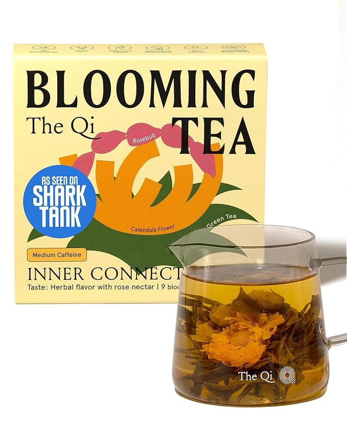 The-Qi Inner Connection Calendula &amp Rose Blooming Flower w/Green Tea – 9 Pcs Handpicked All Natural Blooming Flower Tea – The Qi Gift Set for Relaxation &amp Wellness – Makes 27 Cups