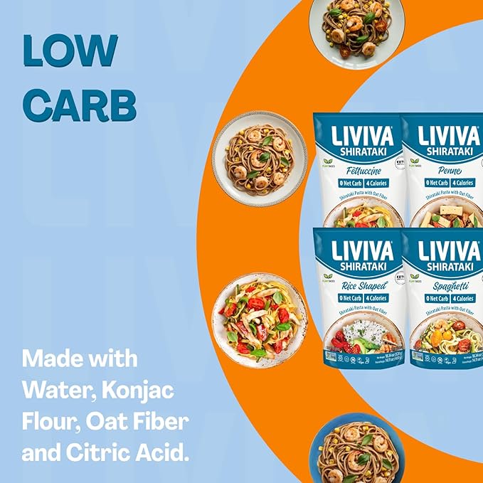 LIVIVA Shirataki Konjac Fettuccine (6 Pk) – Diabetic-Friendly Low Carb Low Calorie Pasta Noodles Ready to Serve – No Odor Certified Non-GMO Gluten Free Vegan Plant-Based Keto Kosher Halal