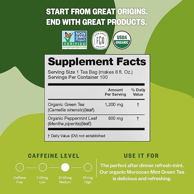 FGO Organic Moroccan Mint Green Tea 100 Count Eco-Conscious Tea Bags Resealable Bag Packaging May Vary (Pack of 1)