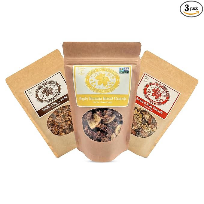 Maple Nut Kitchen Artisanal Granola Variety Pack - Maple Banana Bread Mocha Chip Sweet and Salty | 10 oz Each | Gluten-Free Vegan Delicious Breakfast Treats | 3-Pack