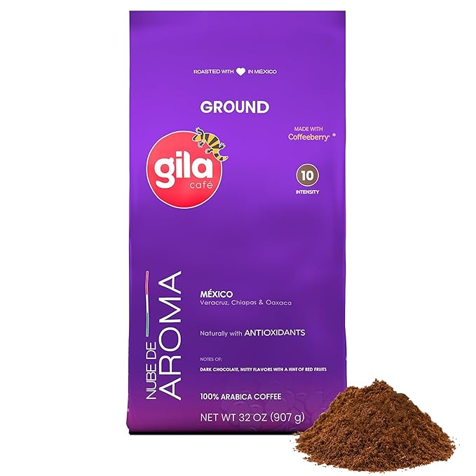 gila café Ground Coffee Medium Roast Nube de Aroma 32oz (1-Pack) - 100% Mexican Arabica Bean Coffee Grounds - Made with Coffeeberry - Chocolate Red Berries Hazelnuts Notes