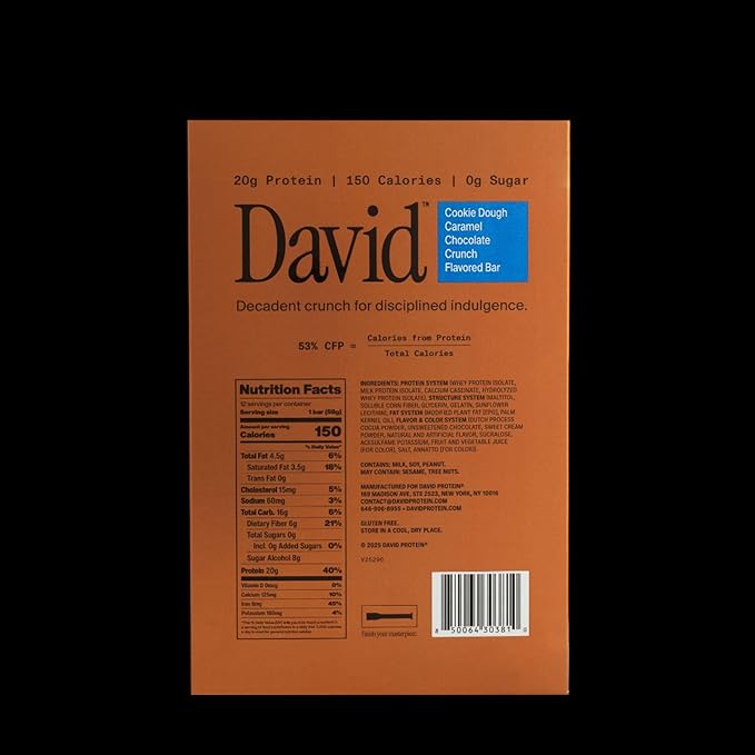 David Bronze High Protein Bars - Cookie Dough Caramel Chocolate Crunch Flavor - 0g of Sugar Low Carb Gluten Free - 20g of Protein 150 Calories - On-The-Go Snack Pack of 12