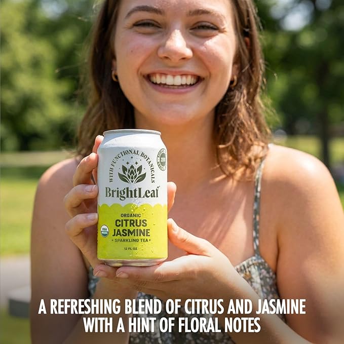BrightLeaf Citrus Jasmine Sparkling Tea with Functional Benefits for Light Energy – Regenerative Organic Lightly Caffeinated Functional Tea Zero Sugar Zero Calories Zero Sweeteners – 12oz Cans 12