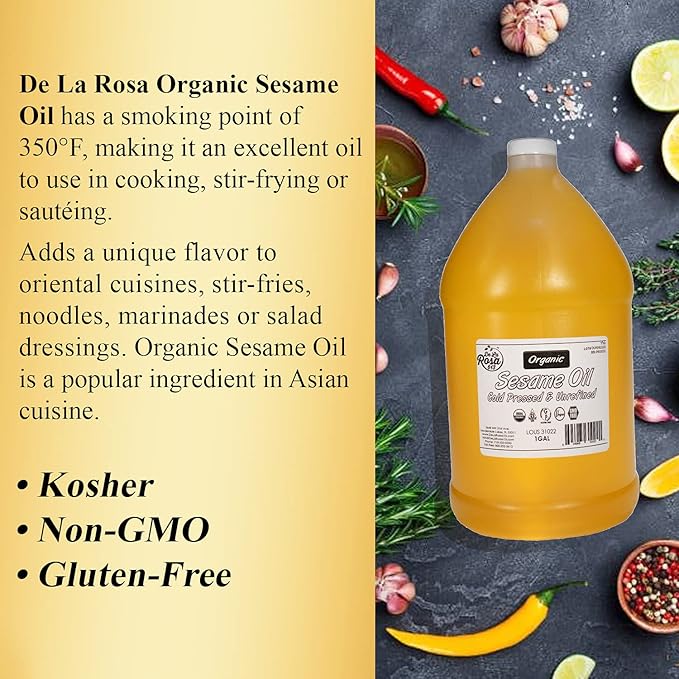 De La Rosa Organic Sesame Oil Cold Pressed &amp Unrefined Vegan Kosher Non-GMO &amp Gluten Free Great for Salad Dressings Marinades &amp More | 1 Gallon (Pack of 1)