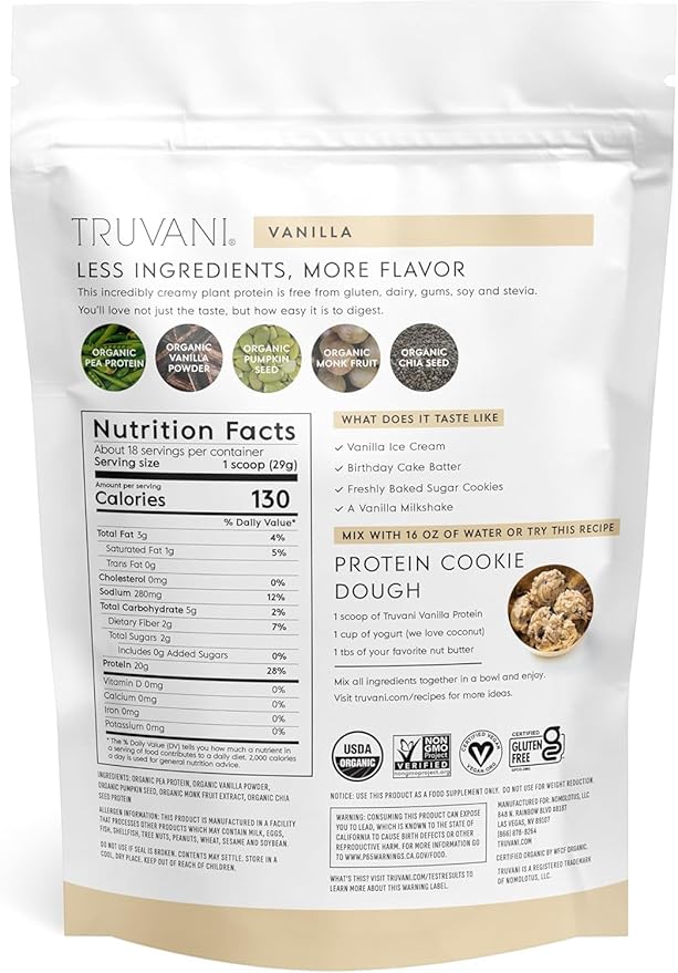 Truvani Plant Based Protein Powder | Vanilla | 20g Organic Pea Protein | 18 Servings | Vegan &amp Keto | Gluten &amp Dairy Free | Low Carb | No Added Sugar (Pack of 2)