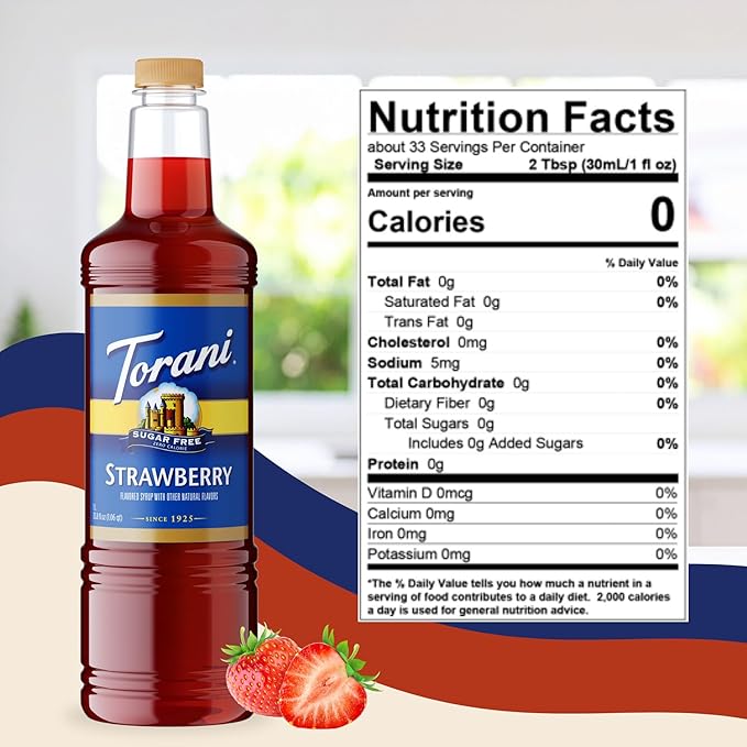 Torani Sugar Free Strawberry Syrup 1 Liter Bottle with Pump – Zero Calorie Keto-Friendly Drink Flavoring for Coffee Cocktails Mocktails Sodas &amp Desserts – No Sugar Low Carb Beverage Enhancer