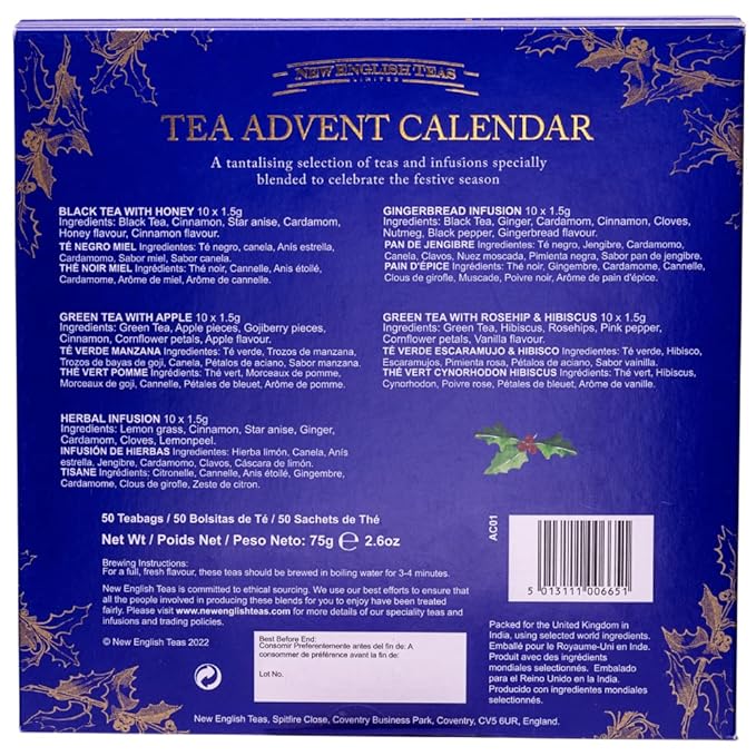 New English Teas Christmas Tea Advent Calendar 50 Pyramid Teabags 5 Festive Black Tea Fruit &amp Herbal Blends