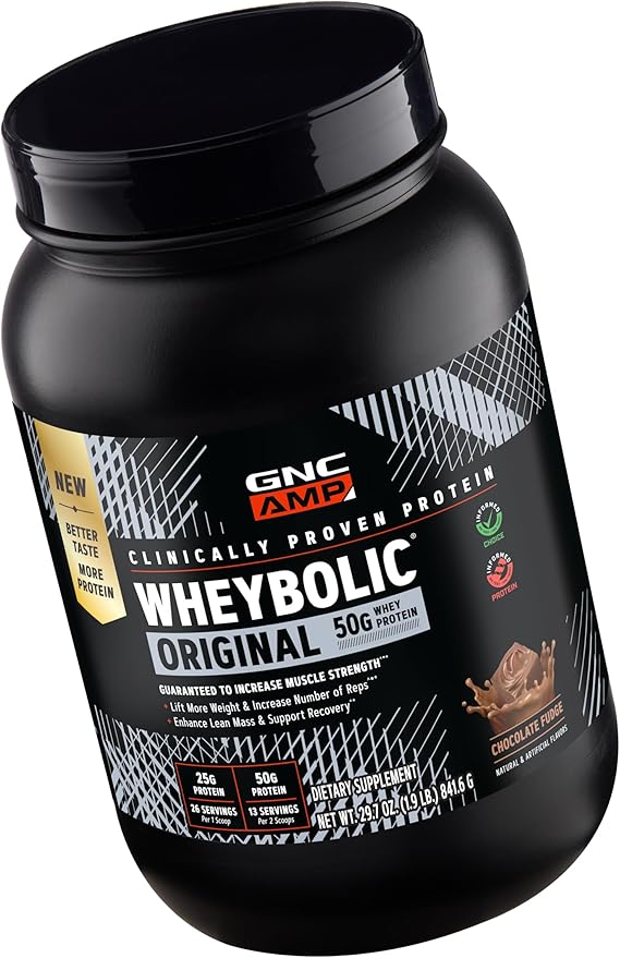GNC AMP New Wheybolic- Clinically Studied Whey Protein Powder for Workouts &amp Active Lifestyles- High Leucine Content- Smooth Mixing Drink Mix for Fitness Shakes- Chocolate Fudge- 29.7 Oz (13 Servi