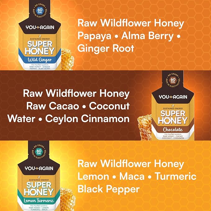 You Again Super Honey Packets - Variety | Workout Clean Energy Gel | Cycling Endurance Running Gel or Energy Snack | Paleo &amp Carnivore Snack | Gluten-Free | Made in USA | 12 Pack