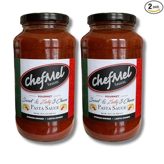 ChefMel’s Zesty Three Cheese Pasta Sauce - Creamy Sweet Tomato Sauce with a Bold Blend of Cheeses - Handcrafted in Small Batches - Gluten-Free - Great for Pasta Pizza &amp More - 24oz Jar (2 Pack)