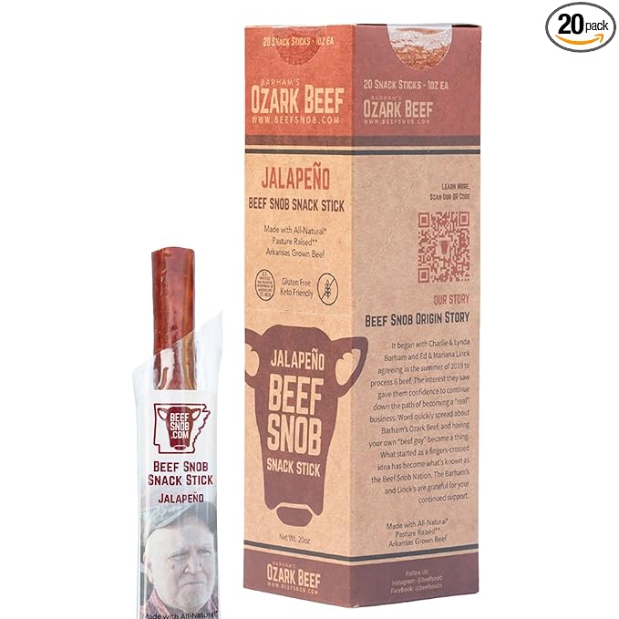 Beef Snob Snack Sticks - Jalapeño Flavor - 1 Ounce Snack - 20 Meat Sticks Per Box - High Protein Snack Sugar Free Snack Keto Friendly Gluten Free Jerky Sticks