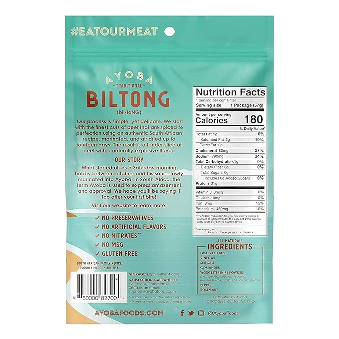 Ayoba Traditional Grass Fed Beef Biltong Slices (2 Ounce Pack of 8) Keto Friendly Air-Dried Grass Fed Beef Paleo Snacks - Gluten Free Whole 30 Approved No Sugar No Carb Meat Snacks