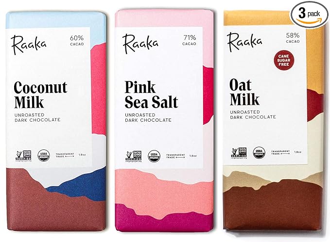 Raaka Chocolate Dairy-Free Pack | Gourmet Bean-to-Bar Dark Chocolate | Organic Kosher Vegan Gluten-Free | Chocolate Lover’s Gift | 1.8oz Bars 3-Pack