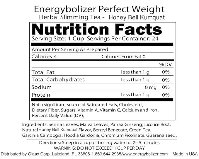 Energybolizer Perfect Weight Herbal Tea (24 Bags)| Natural Energy Booster for Women and Men | Increase Energy Improve Digestion (Honeybell Kumquat)