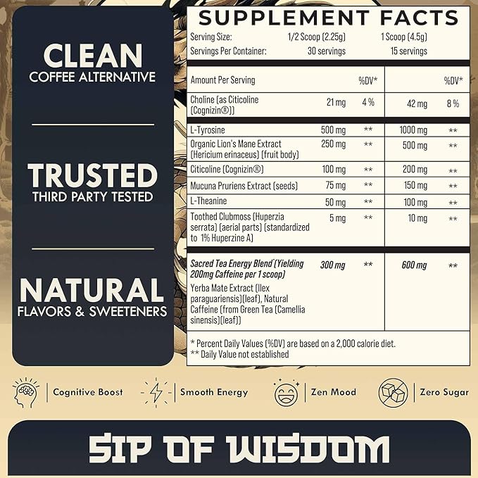 Yerba Mate Focus Tea Powder for Men - Daily Nootropic Drink for Clean Energy Focus &amp Mood Support | Powered by Citicoline L-Theanine L-Tyrosine &amp Lion’s Mane | Wisdom Tea - Sweet Tea - 30 S