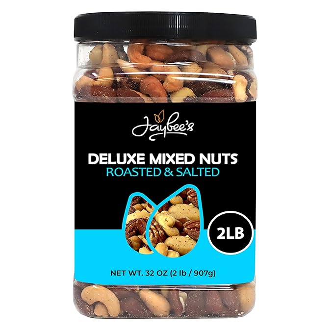 Mixed Nuts Deluxe - Roasted &amp Salted | 32 oz Reusable Container | Healthy Gourmet Variety Snack Mix with Cashews Almonds Brazil Nuts Pecans Hazelnuts (No Peanuts) Holiday Gifts | Keto Vegan F