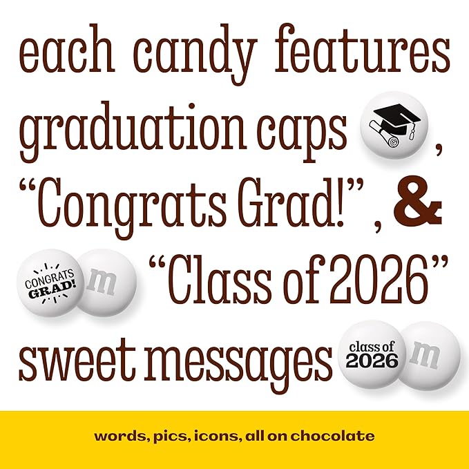 M&ampM’S WORLD Class of 2026 Milk Chocolate Candies 2 Pounds of White Bulk Candy Printed With Grad-Themed Images Resealable Bag for Graduation Parties Grad Gifts DIY Favors &amp More