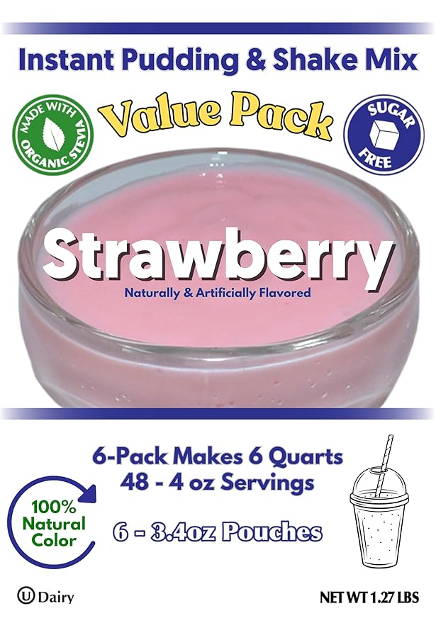 GramZero Strawberry Sugar Free Pudding Mix With Natural Color: 6-Pack Great For Nutrition Club Meal Replacement Shakes Low Calorie Dessert Stevia Sweetened