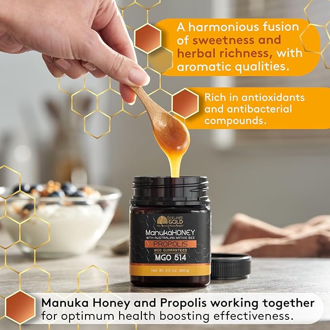 Nature’s Gold Raw Manuka Honey with Australian Native Bee Propolis MGO 514+ | 8.8oz (250g) 100% Pure Genuine Traceable Hive to Home
