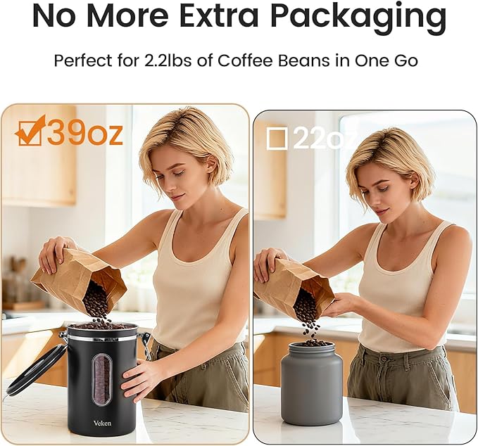 Veken Large Coffee Canister with Window Kitchen Food Storage Airtight Stainless Steel Container for 2.2lbs Coffee Beans Grounds RiceTea Flour Cereal Sugar JarsDate Tracker and Scoop 39ozBlack