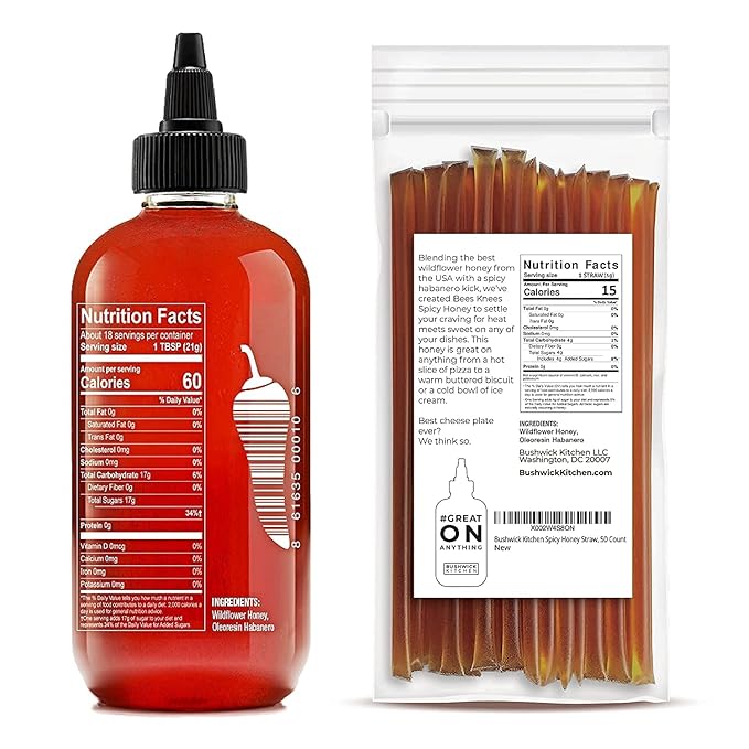 Bees Knees Spicy Honey Sauce + Sticks Set Wildflower Honey Mixed with Habanero Peppers 12.5 Ounce Bottle + 50 Sticks