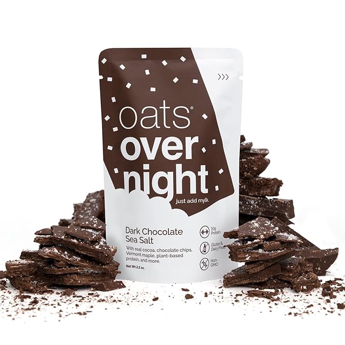 Oats Overnight - Dark Chocolate Sea Salt - Vegan 10g Protein High Fiber Breakfast Shake - Gluten Free Non GMO Oatmeal (2.2 oz per meal) (8 Pack + Shaker Bottle)